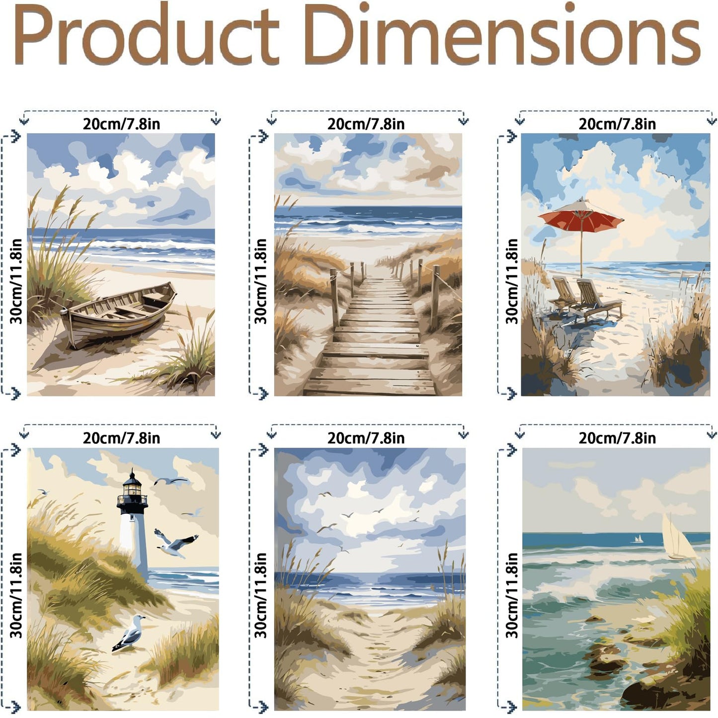 uuxsretaio 6 Pack Paint by Numbers Kits for Adults Beginners, Beach Paint by Number Kits on Canvas, DIY Acrylic Oil Painting Kits with Brushes for Home Wall Decor (8x12 inches Without Framed)