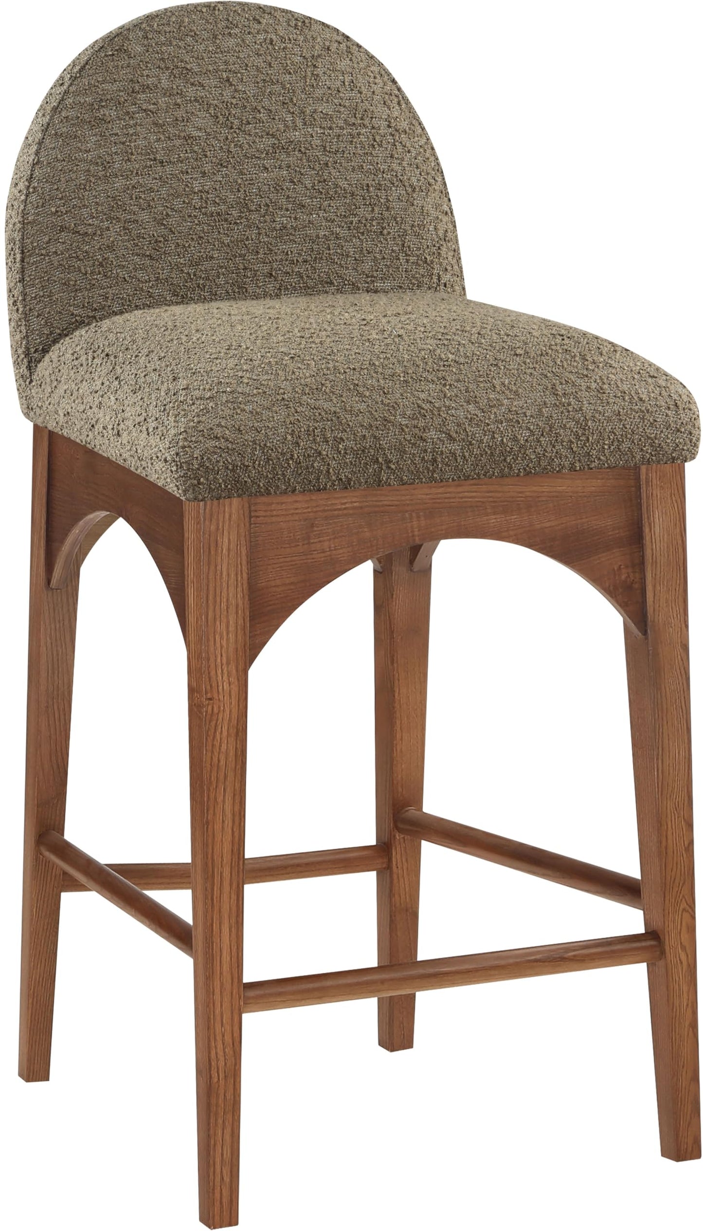 Meridian Furniture 399Olive-C Waldorf Collection Art Deco Stool with Rich Olive Green Boucle Fabric, Solid Ash Wood, Walnut Brown Finish, Counter Height Stool, 18" W x 20" D x 37" H, Olive