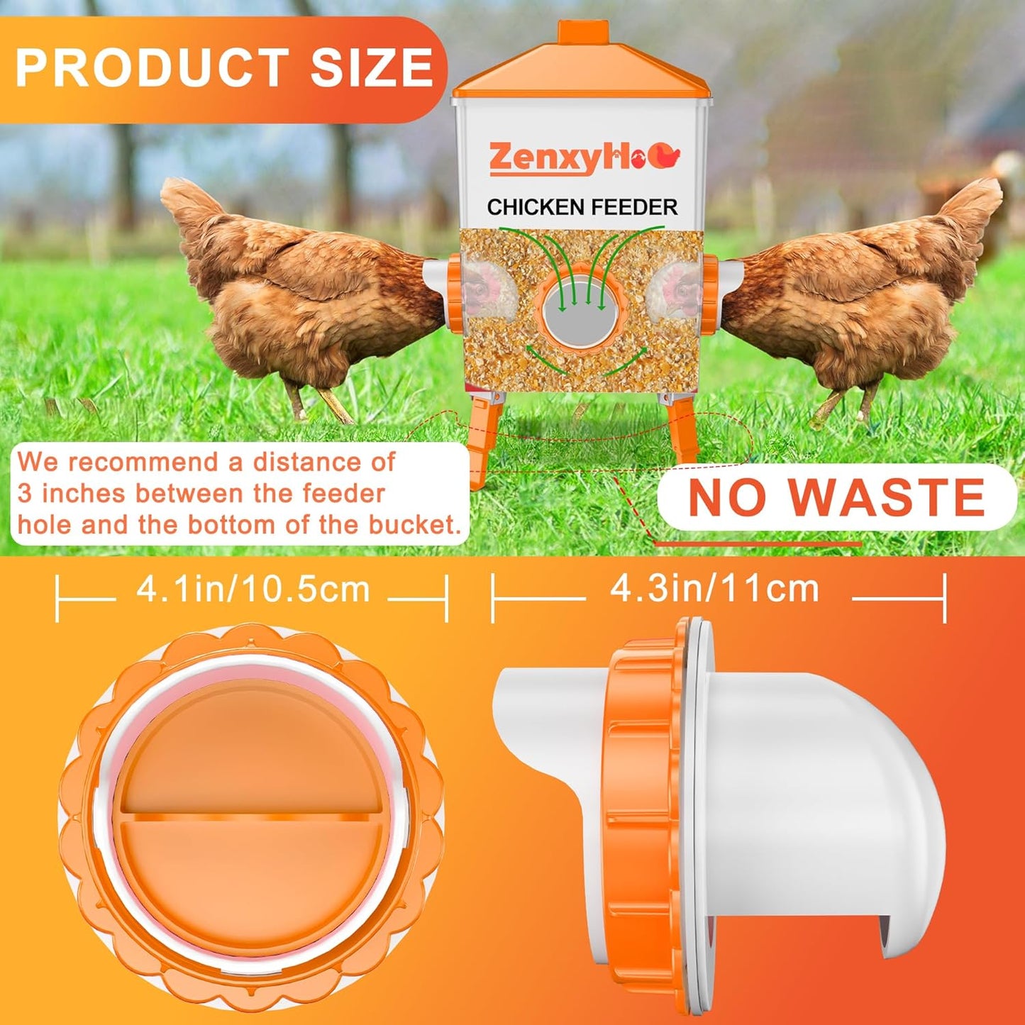 6 ZenxyHoC DIY Chicken Feeders No Waste, Ports Poultry Feeder with Hole Saw for Buckets Troughs Orange