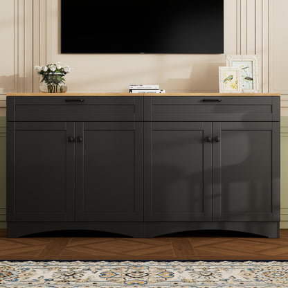 Ball & Cast Farmhouse TV Stand with 2 Drawers for TVs up to 70",Wood Grain Sideboard Buffet Cabinet w/Rustic Handles and Adjustable Shelf,Entertainment Center for Living Room,Bedroom,Black