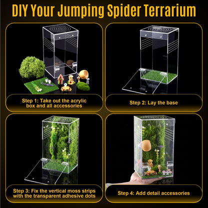 Feekoon Jumping Spider Enclosure Kit, Acrylic Insect Terrarium, Transparent Bug Habitat for Praying Mantis & Small Arboreal Species, Complete Starter Tank with Ventilation