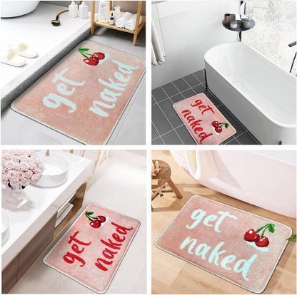 Cherry Bath Mat for Bathroom - Get Naked Pink Bathtub Rug, 31"x20", Funny Cute Super Absorbent Decor