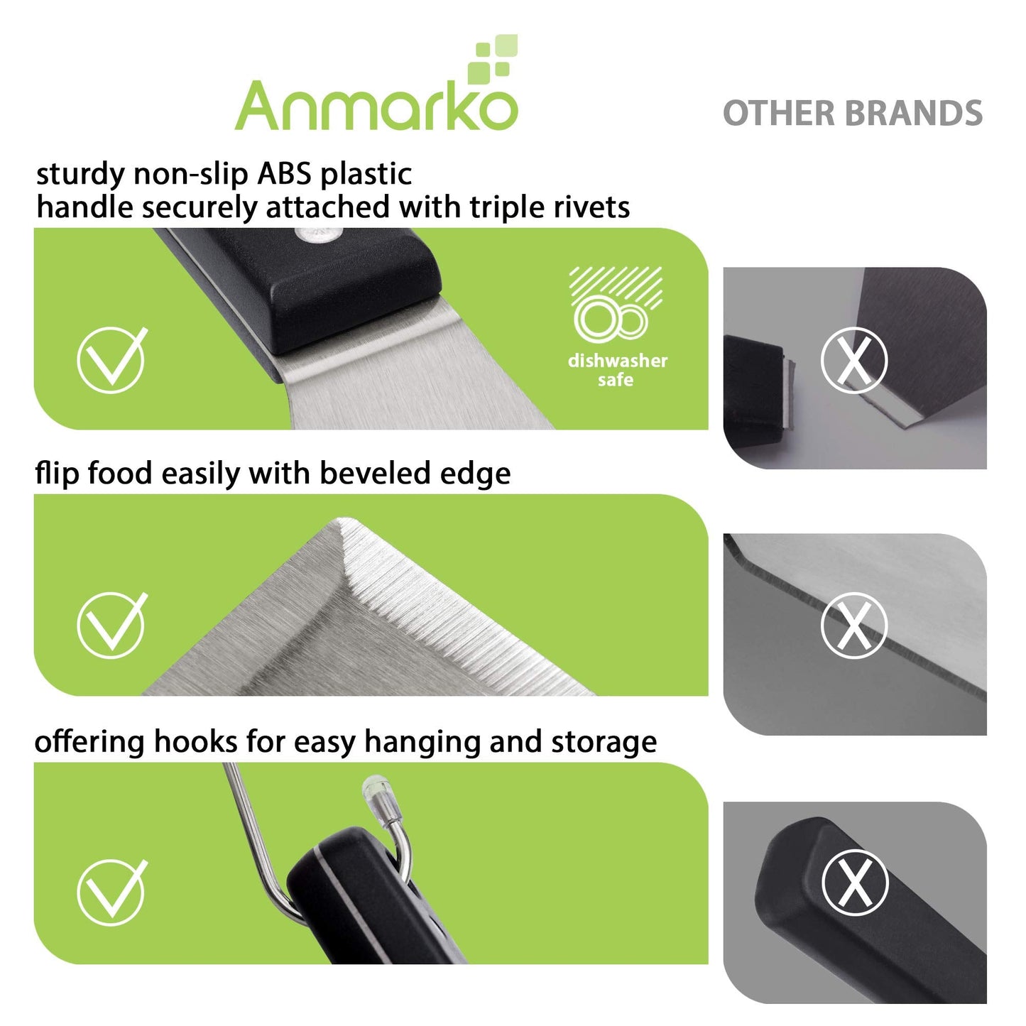 Anmarko Metal Spatula Stainless Steel Scraper - Professional Chef Griddle Spatulas Set of 3 - Heavy Duty Accessories Great for Cast Iron BBQ Flat Top Grill Skillet Pan - Commercial Grade