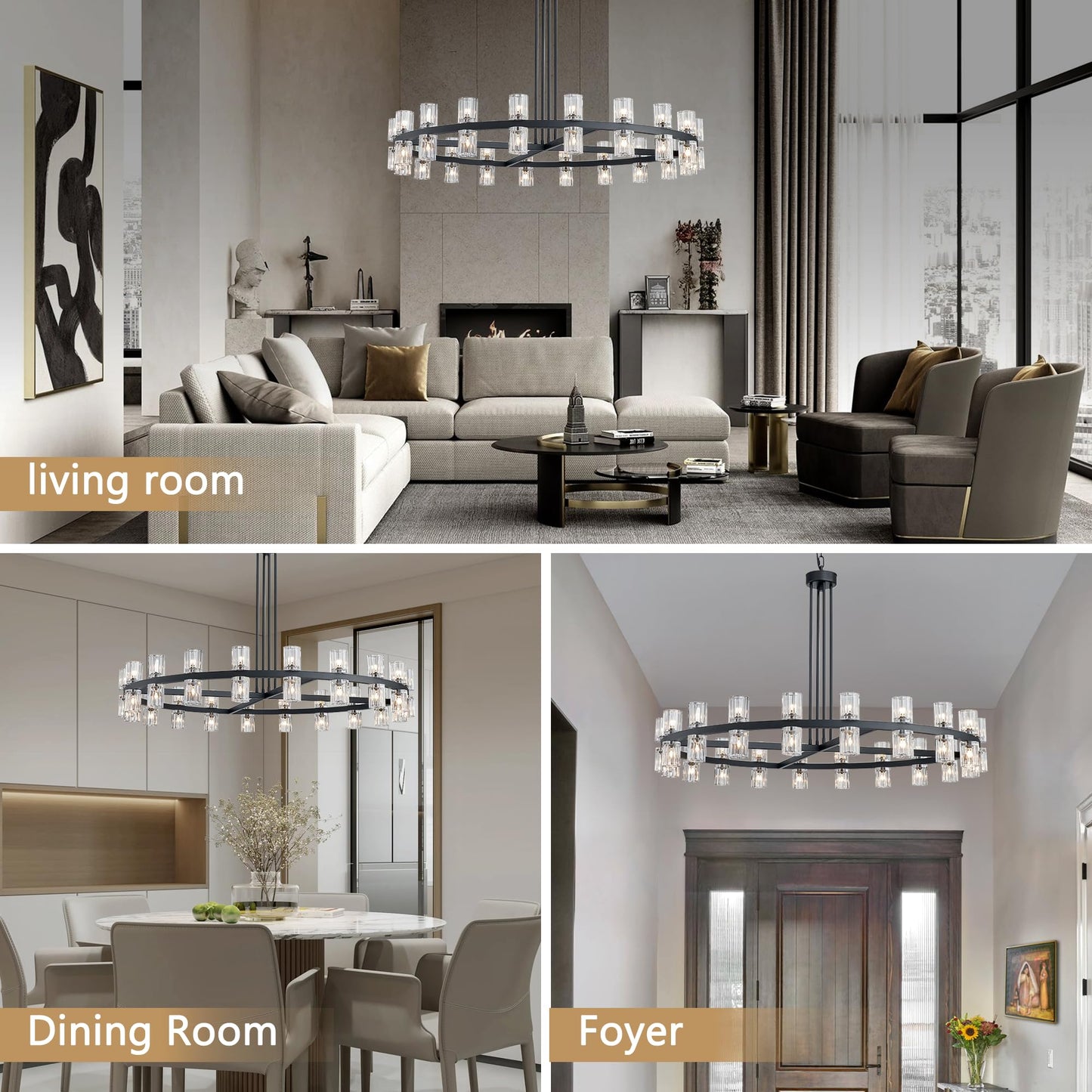SHEKAITAO 48" Black Wagon Wheel Crystal Chandelier, Modern Round Chandelier for Dining Room Table, K9 Crystal Ceiling Chandelier for Living Room Entryway Foyer, Includes 40× G4 Bulbs