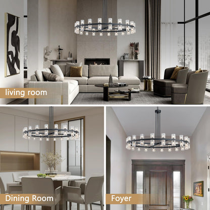 SHEKAITAO 48" Black Wagon Wheel Crystal Chandelier, Modern Round Chandelier for Dining Room Table, K9 Crystal Ceiling Chandelier for Living Room Entryway Foyer, Includes 40× G4 Bulbs