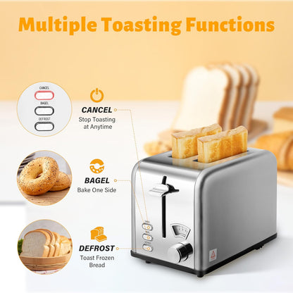 YSSOA 2 Slice Stainless Steel Toaster, Extra Wide Slot & Removable Crumb Tray, Retro Compact Oven, Silver