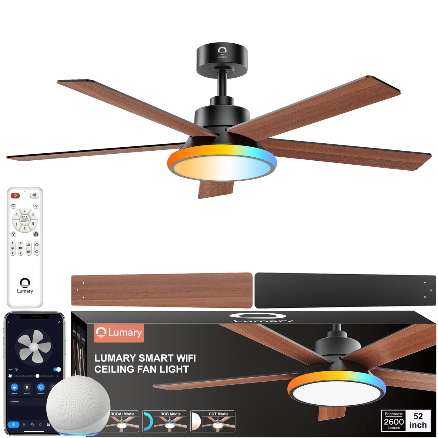 Lumary 52'' Smart Ceiling Fan with RGBAI Lights Remote, WiFi Bluetooth Low Profile Ceiling Fan with Alexa Google App, Dimmable & Color Tuning, 46 Scene, Modern Flush Mount for Bedroom Living Room