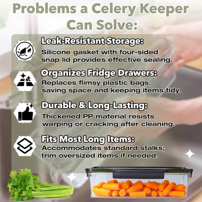 Celery Keeper for Refrigerator, BPA-Free Celery Storage Container with Lid – Leak-Proof Silicone Gasket & Four-Sided Snap Lock, Durable PP Food Storage Bin for Fresh Celery, Carrots & Cucumbers
