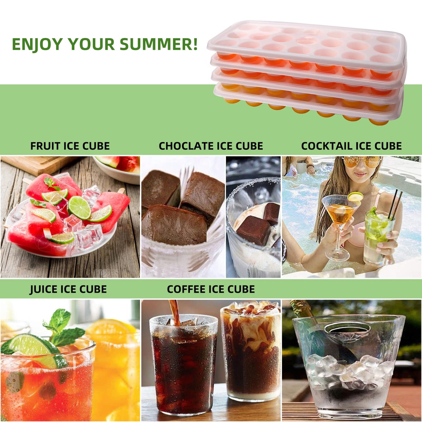 Select4U Ice Cube Trays with Lids BPA Free, 4Pack Easy Release Silicone Ice Cube Trays for Freezer 84 Sphere Ice Tray with Stackable No Spill Covers, Dishwasher Safe,Orange&Yellow