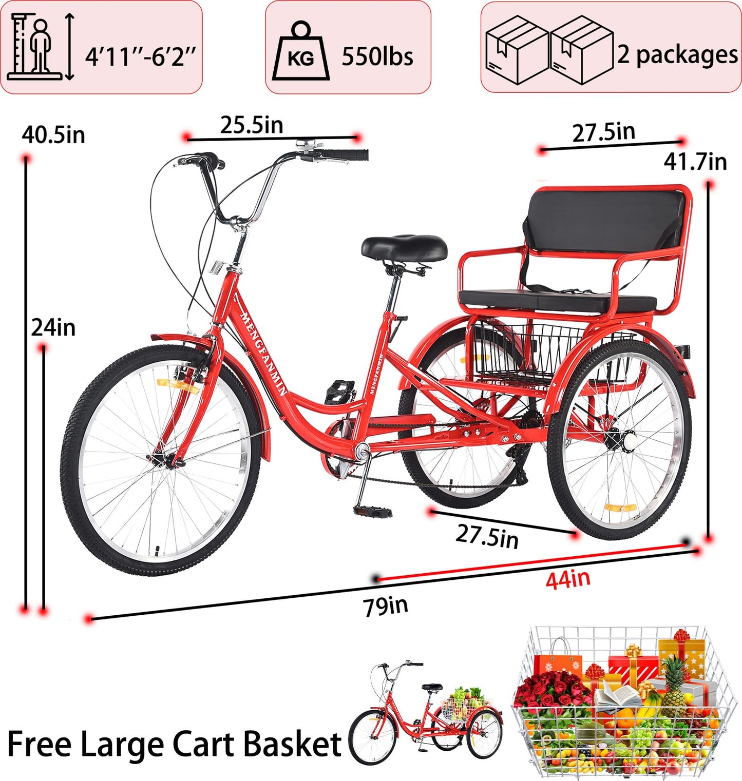 VHCLYBJU Adult Tricycle Foldable with Child seat 3 Wheel Bicycle for Ladies Tricycle with Basket with Back seat 20/24in Bikes Maximum Load 550lbs Shock Absorbing Fork Adult-Unisex (24in-7speed-red)