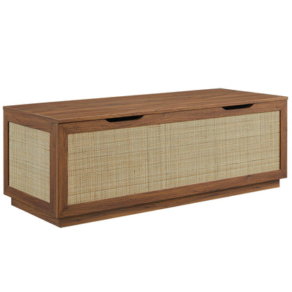 Modway Soma 3-in-1 Hall Tree in Walnut with Rattan Storage Bench and Fluted Coat Rack – 2-Piece Entryway Storage Set with Hooks, Shelf, and Bench
