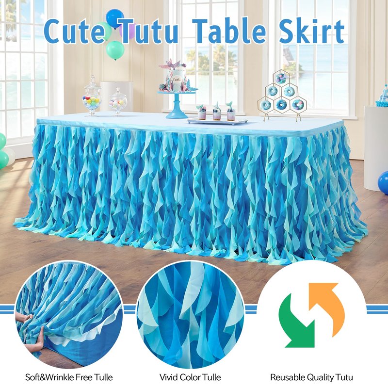 leegleri 14ft Tutu Table Skirt for 6/8ft Rectangle or Round Tables-Under The Sea Ocean Blue Baby Shark Themed Tutu Table Skirt for Baby Shower, Birthday Party,Gender Reveal