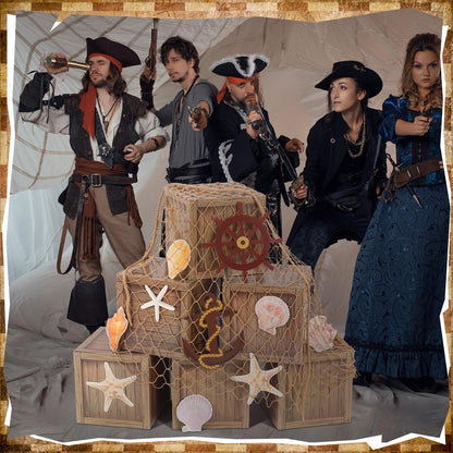 JellyArch 18 Pcs Pirate Party Decorations Imitation Wooden Box Fishing Net Car Trunk or Treat Gasparilla Style Decor Ocean or Pirate Party Favors Adventure Birthday Photo Booth Props