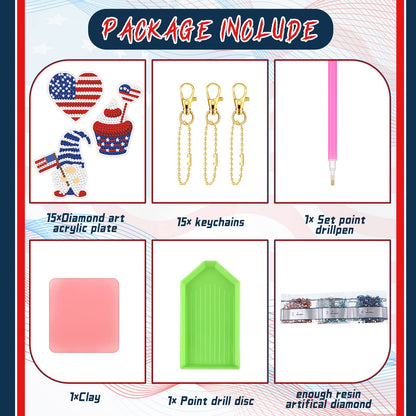 Karenhi 15 Pcs 4th of July Diamond Painting Key Chains Patriotic Diamond Art Keychain Kits Memorial Day Red Blue White American Gnome Star 5D Rhinestones Painting Ornaments for Adult DIY Crafts