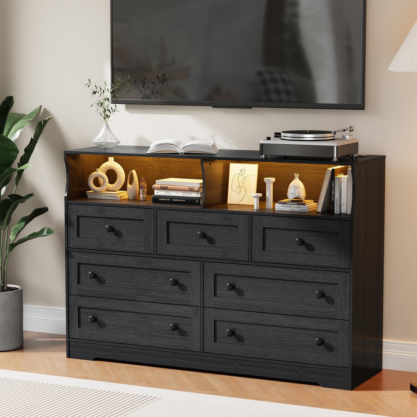 IDEALHOUSE Dresser for Bedroom with 7 Drawers, LED Lights & Charging Station, Wooden Chest with 2 Open Compartments, Freestanding Storage Organizer for Closet, Nursery, Entryway, Black