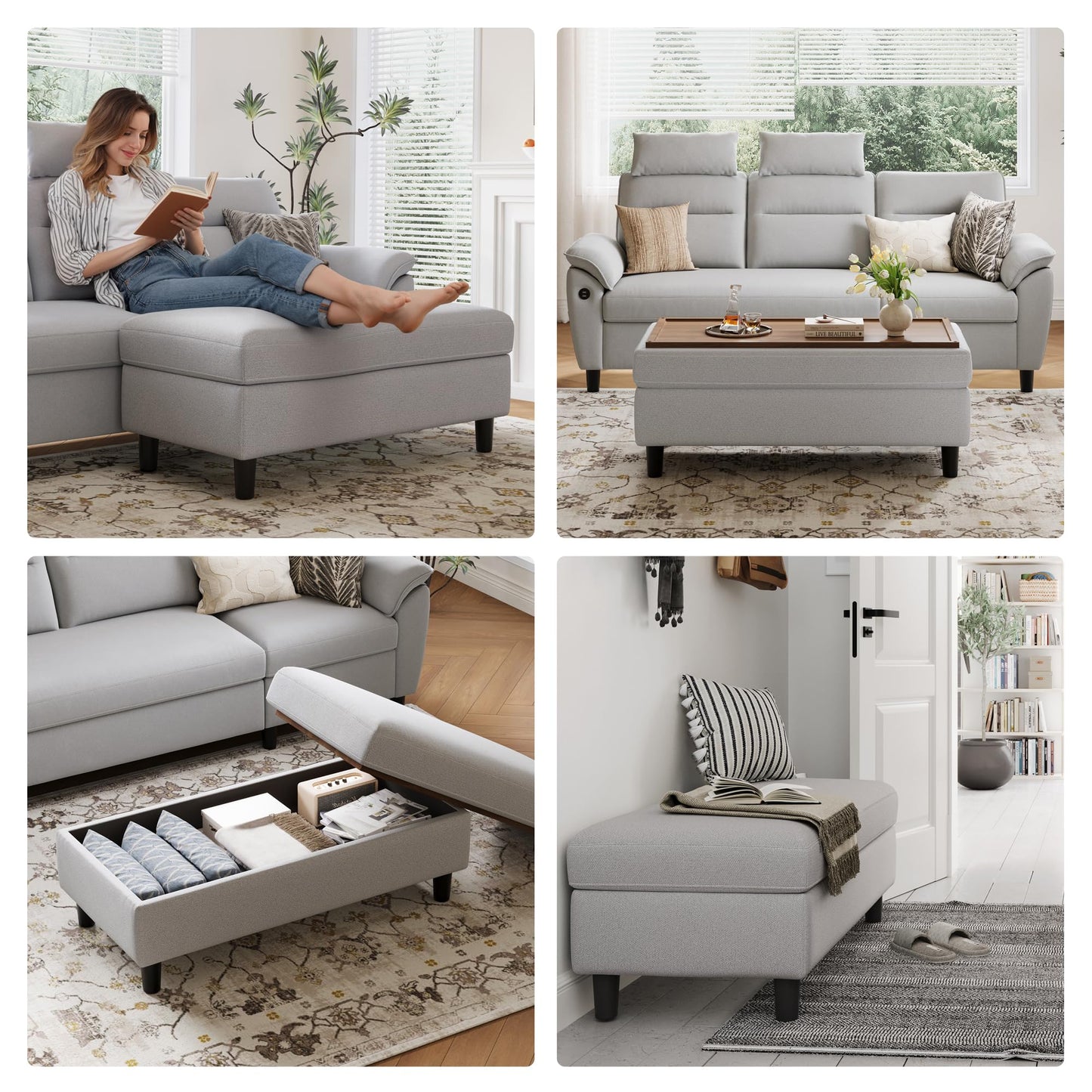 LINSY HOME 46 Inches Wide Storage Ottoman Bench, Linen Coffee Table Long Shoes Bench Footstool, Storage Chest, Foot Rest Stool, for The Living Room, Entryway and Family Room (Grey)