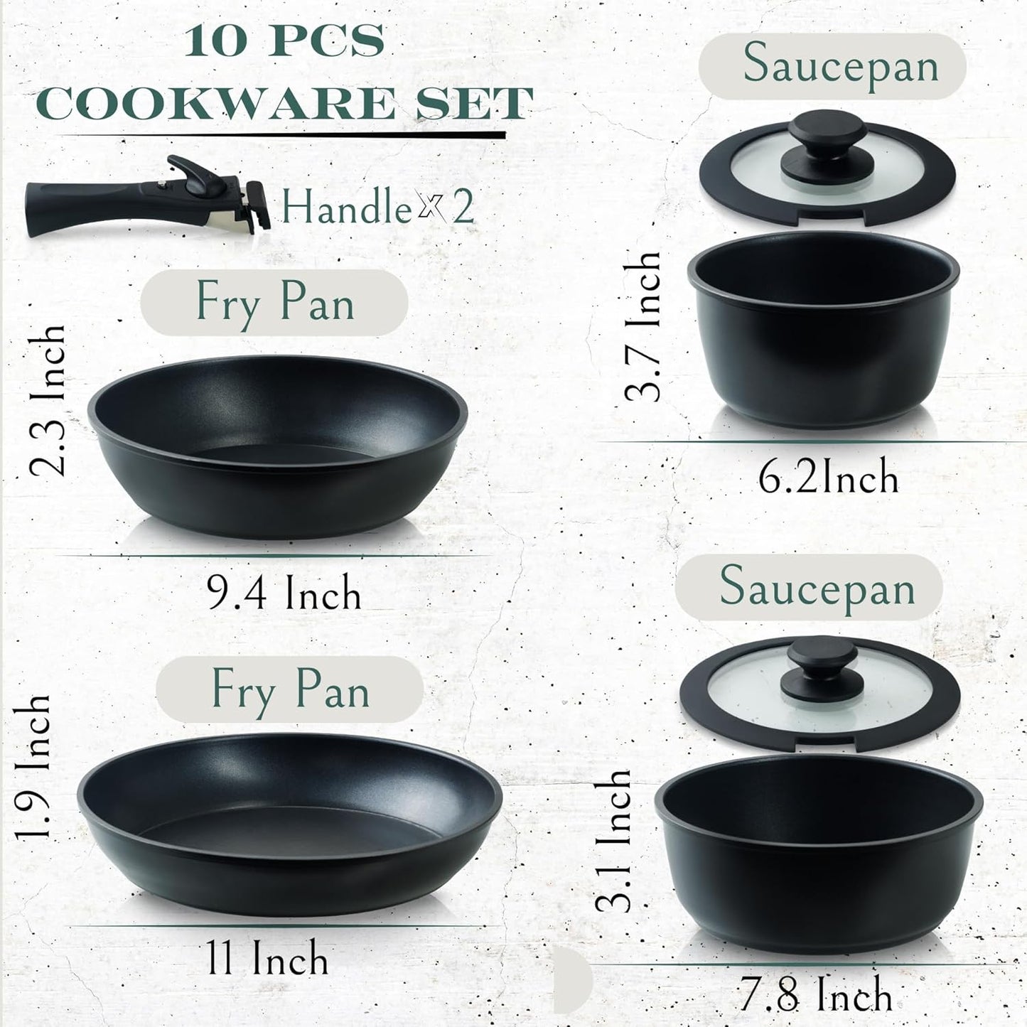Moss & Stone Nonstick Cookware Set - 10-Piece Space-Saving Pots and Pans with Removable Handles | RV & Induction Ready
