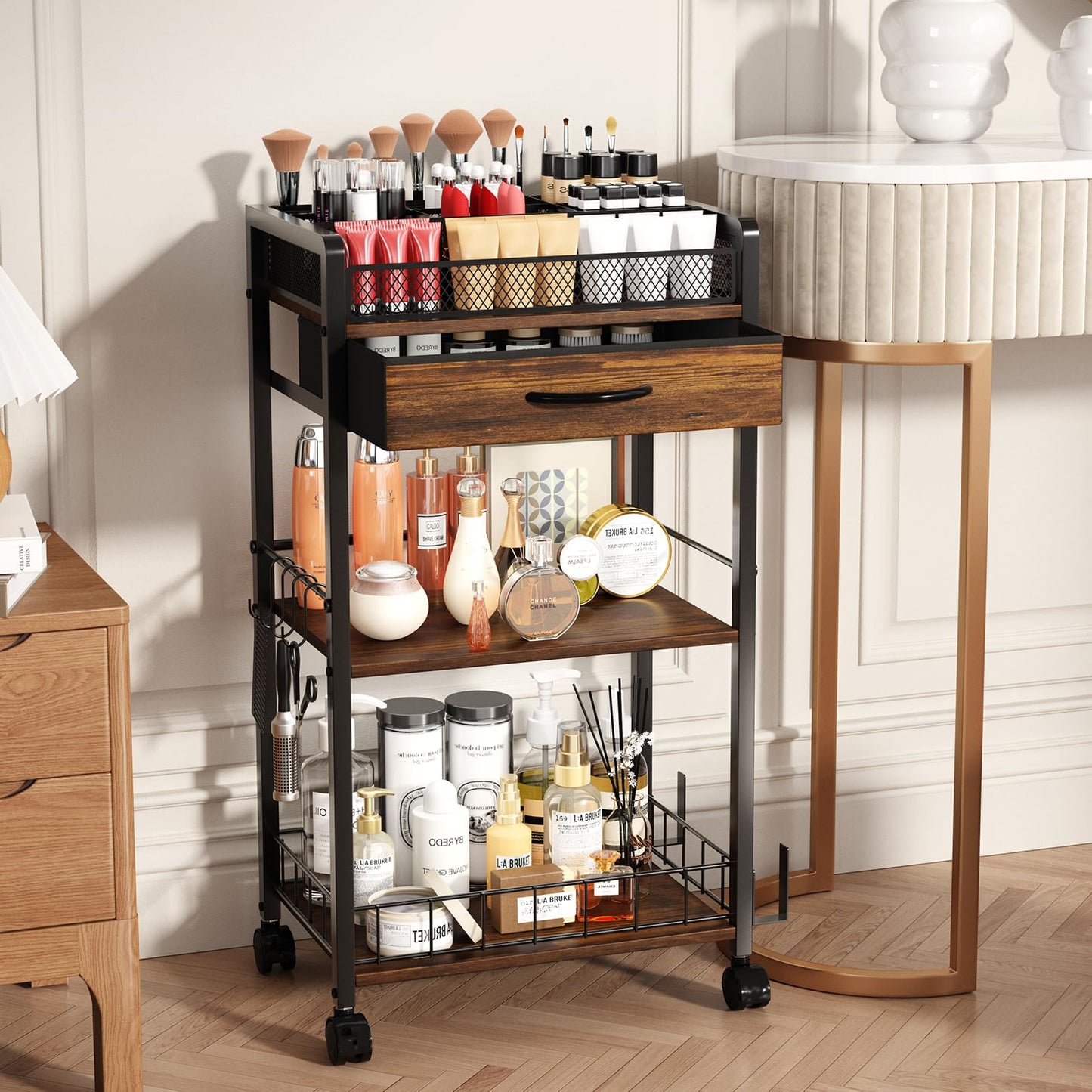 Homsorout 3 Tier Rolling Cart - Metal Utility Cart with Storage Drawer and Wheels, Versatile Art & Craft Organizer for Home, Office, or Studio Ideal for Storing Brushes, Paints, and Supplies Brown