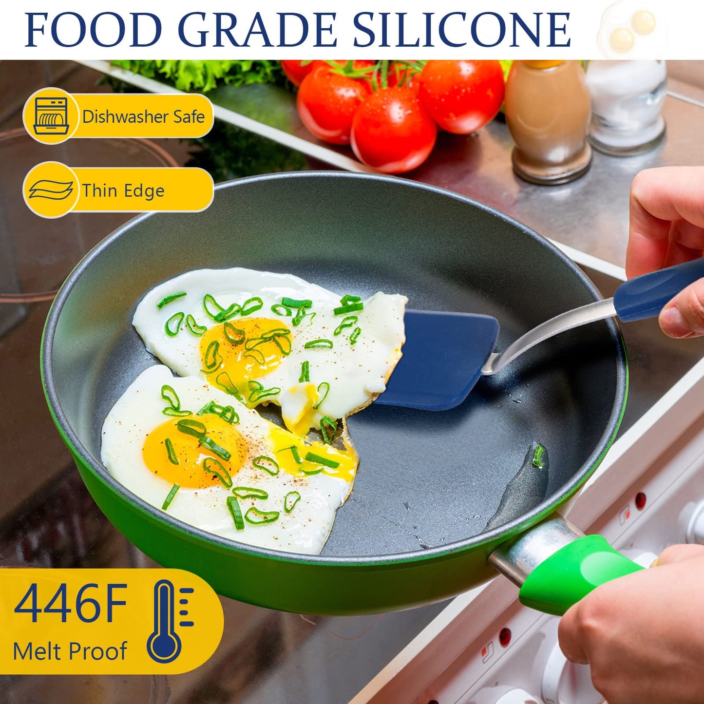 Yetene Silicone Cookie Spatula Turner 2 Pack Mini Brownie Spatula Flexible Kitchen Small Silicone Turner for Nonstick Cookware Heat Resistant No Scratch Flipper for Egg Pancake(Gray, Blue)