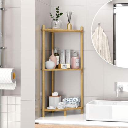 Wisuce Essentials 3 (Natural3 Corner Shelf Stand - Tier Bamboo Small Corner Bookshelf for Office Kitchen Bedroom Plant