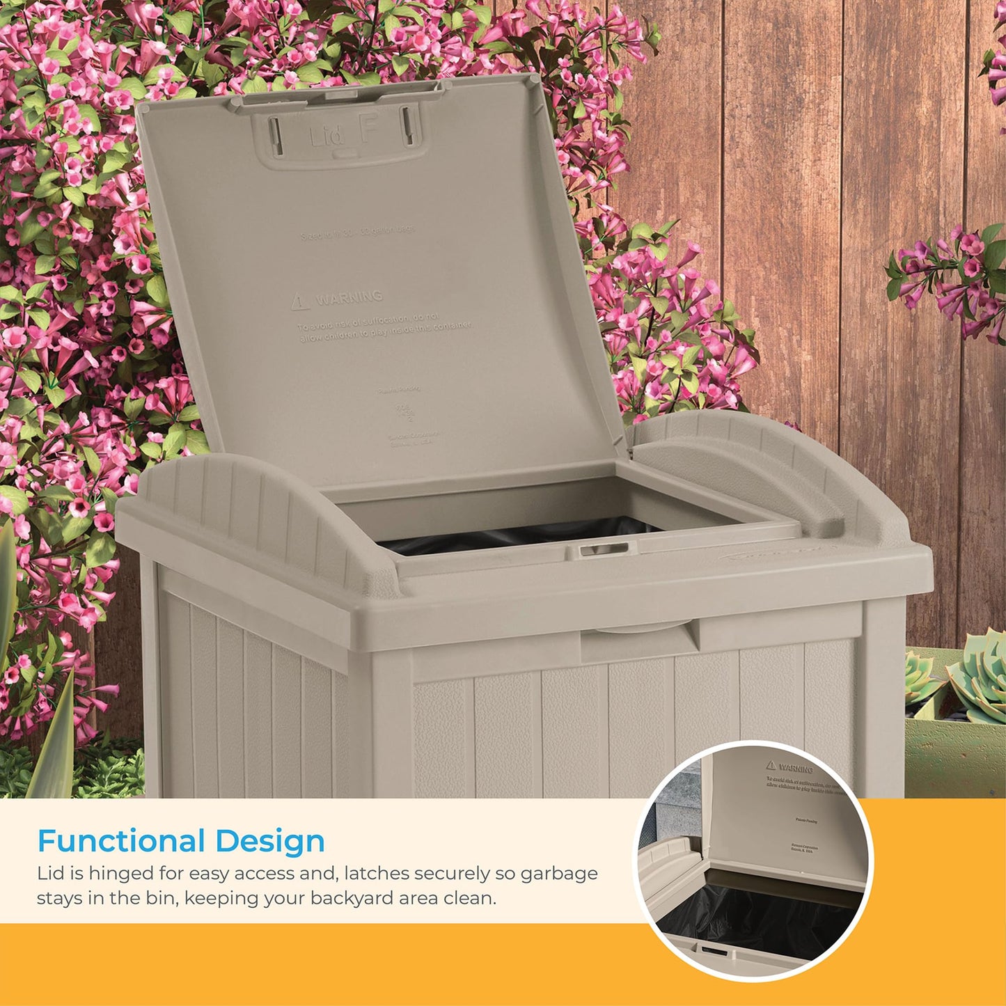 Suncast Hideaway Outdoor Trash Can with Lid - 30 Gallon Trash Can, Light Taupe, Decorative Wicker-Style Garbage Bin, Weather-Resistant Resin Fits 30-33 Gallon Bags, Ideal for Patio & Yard, Made in USA
