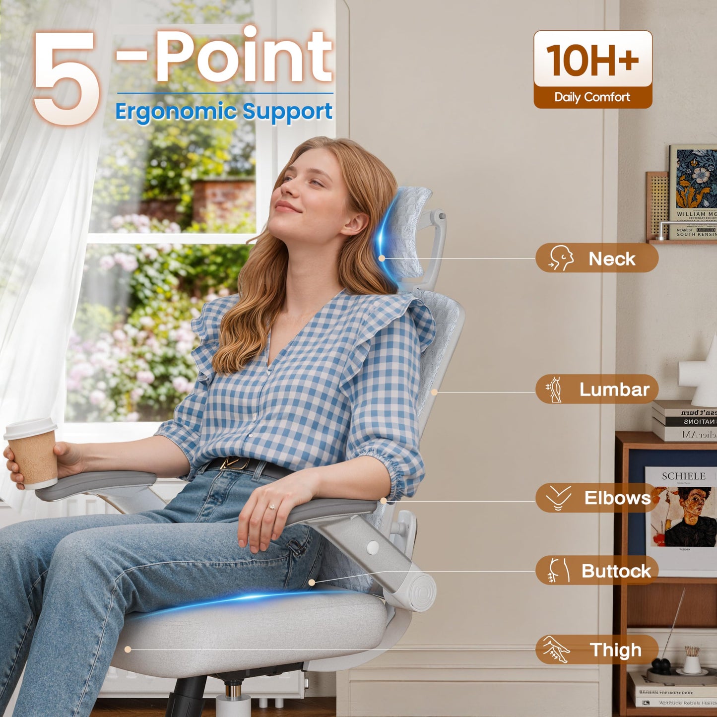 GABRYLLY Ergonomic Office Chair, High Back Home Desk Chair with Flip-Up Arms, 3D Headrest, Thick Sponge Seat &90-120° Recline, Big and Tall Mesh Executive Chairs for Man Woman, Glacier Flow