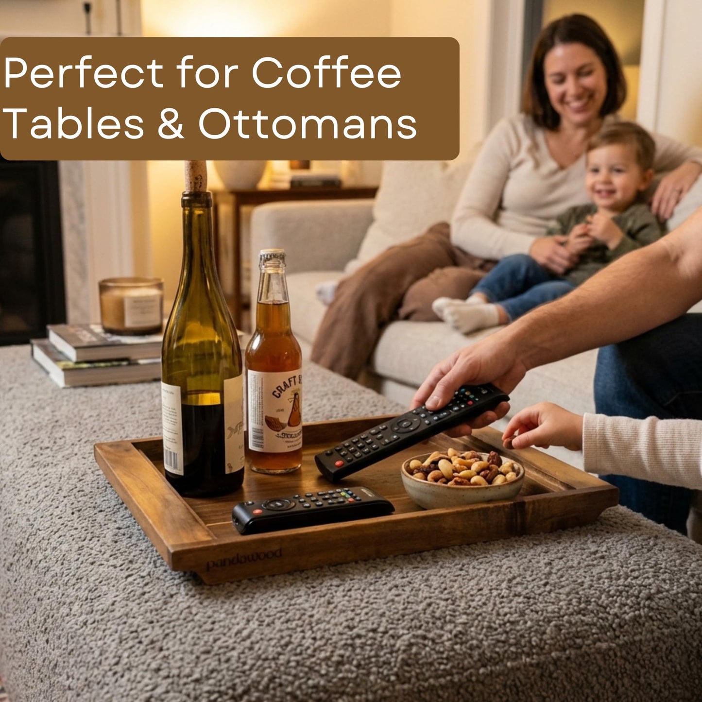 PANDAWOOD Wood Serving Tray - Large Acacia Wooden Tray for Coffee Table Ottoman - Ottoman Tray Decor - Rectangle Wood Tray for Kitchen Counter 15.7"x11"