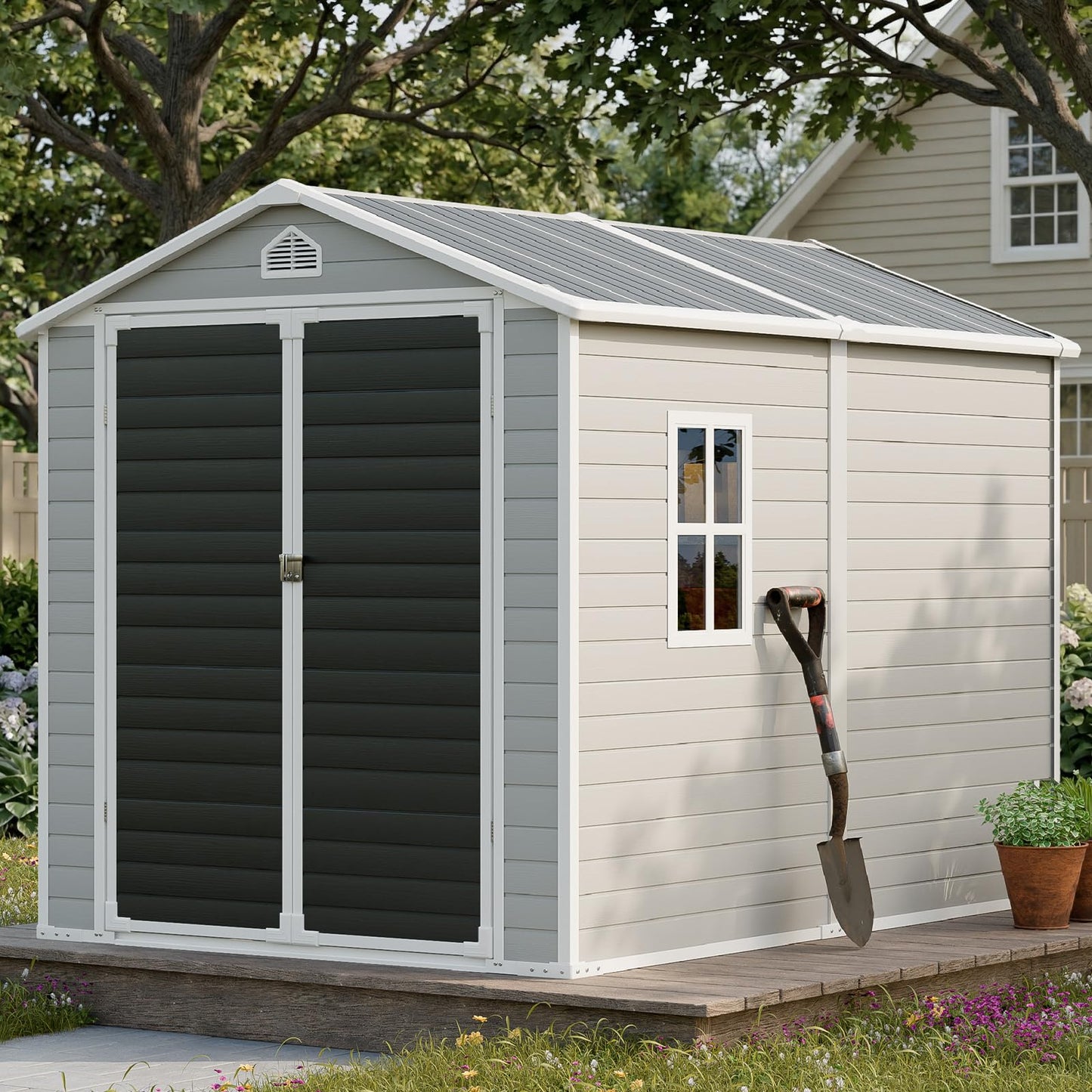 Resin Storage Shed with Floor 8 x 6 FT Waterproof Plastic Outdoor Garden Sheds Kit with Lockable Door & Windows,Patio Tool Shed for Backyard Lawn, Gray