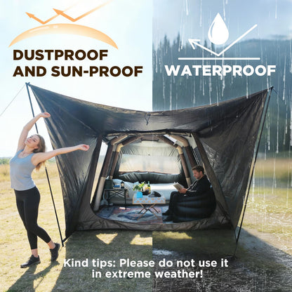 Romantic Camp Inflatable Camping Tent with Pump,8-10 Person Waterproof Blow Up Air Tent for Camping Hiking,Easy to Set Up 4-Season Inflatable House Tent with Oversized Canopy