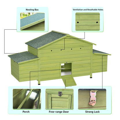 KEIKI Large Wooden Chicken Coop for 6-8 Chickens, Outdoor Hen House, Poultry Pet Hutch Cage with 2 Nesting Boxes, 2 Free-Range Doors, Perch, Pull-Out Tray, Green