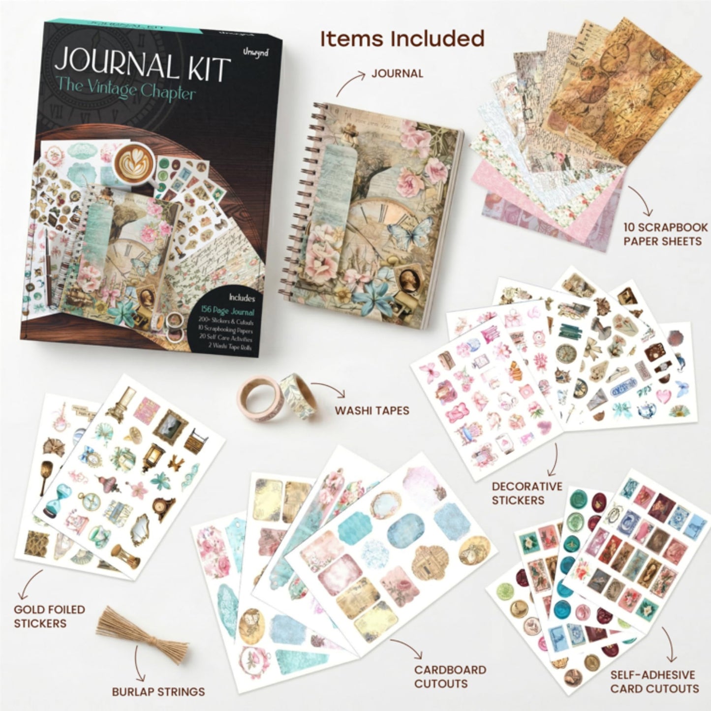 Unwynd Vintage Chapter Journal Kit Scrapbooking Kit, Aesthetic Flower Scrapbook Kit for Bullet Junk Journal, Washi Tape, Stickers, Papers DIY Journaling Supplies,Gift Adult Women Beginner Calligraphy