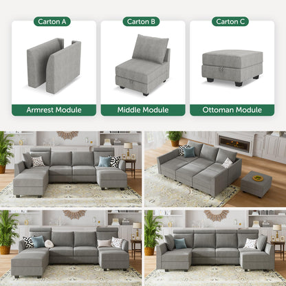 HONBAY Modular Sectional Sleeper Sofa Reversible Modular Couch with Storage Seats Modular Sleeper Sectional Sofa with Storage Ottoman, Grey
