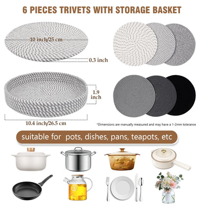 JIngJIALii 10 Inch Trivets for Hot Dishes, 6 Pack Hot Pads with Storage Basket for Pots and Pans, Hot Plate Mat for Kitchen Countertops, Kitchen Gift for New Home