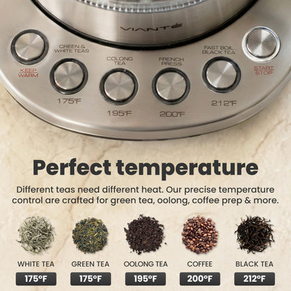 Vianté Electric Tea Kettle With Infuser for Loose Leaf, No Plastic In Contact With Water, Hot Tea Maker with Temperature Control, Automatic Shut Off, 1.5L Borosilicate Glass