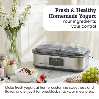 Elite Gourmet ProBioticPRO™ Digital Yogurt Maker, Programmable Temp & Time Control (68–127°F), Includes 8 Glass Jars (6 oz) + 2 Large 1-Qt Bowls, Stainless Steel, Auto Shut-Off