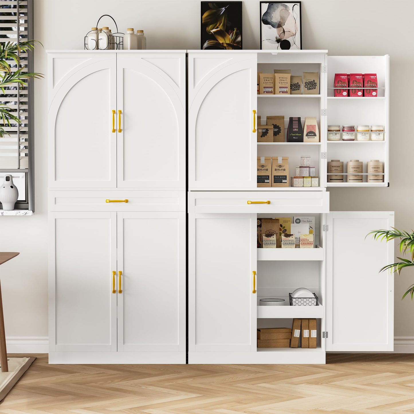 HQZX 71’’ Tall Kitchen Pantry Cabinet, Pantry Storage Cabinet with 6 Doors Shelves, Large Drawer & 2 Pull Out Shelves, Freestanding Cupboard for Kitchen, Dining Room, White