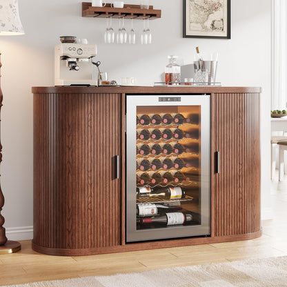 Jocoevol 53" Fluted Coffee Bar Cabinet with Sliding Doors, Wine Bar Cabinet with Charging Station & Glass Holder, Modern Liquor Whiskey Buffet Sideboard for Dining Room, Living Room, Kitchen (Walnut)