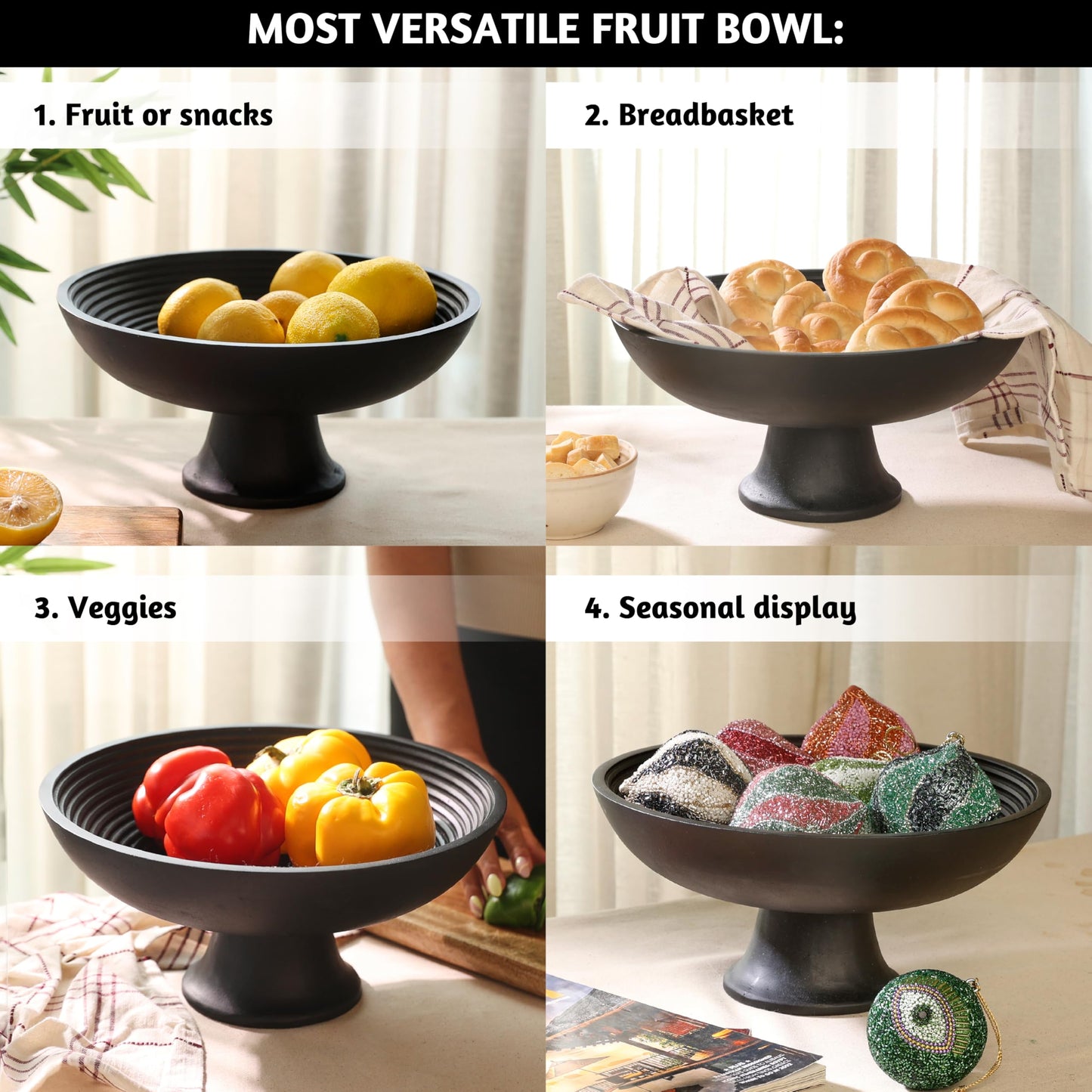 Folkulture Wooden Fruit Bowl for Kitchen Counter | 12" Large Premium Eco Friendly Banana Fruit Basket for Kitchen | Black Wood Bowl with Holder, Pedestal for Table Decor, Mothers Day Gifts