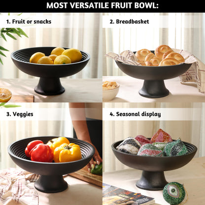 Folkulture Wooden Fruit Bowl for Kitchen Counter | 12" Large Premium Eco Friendly Banana Fruit Basket for Kitchen | Black Wood Bowl with Holder, Pedestal for Table Decor, Mothers Day Gifts