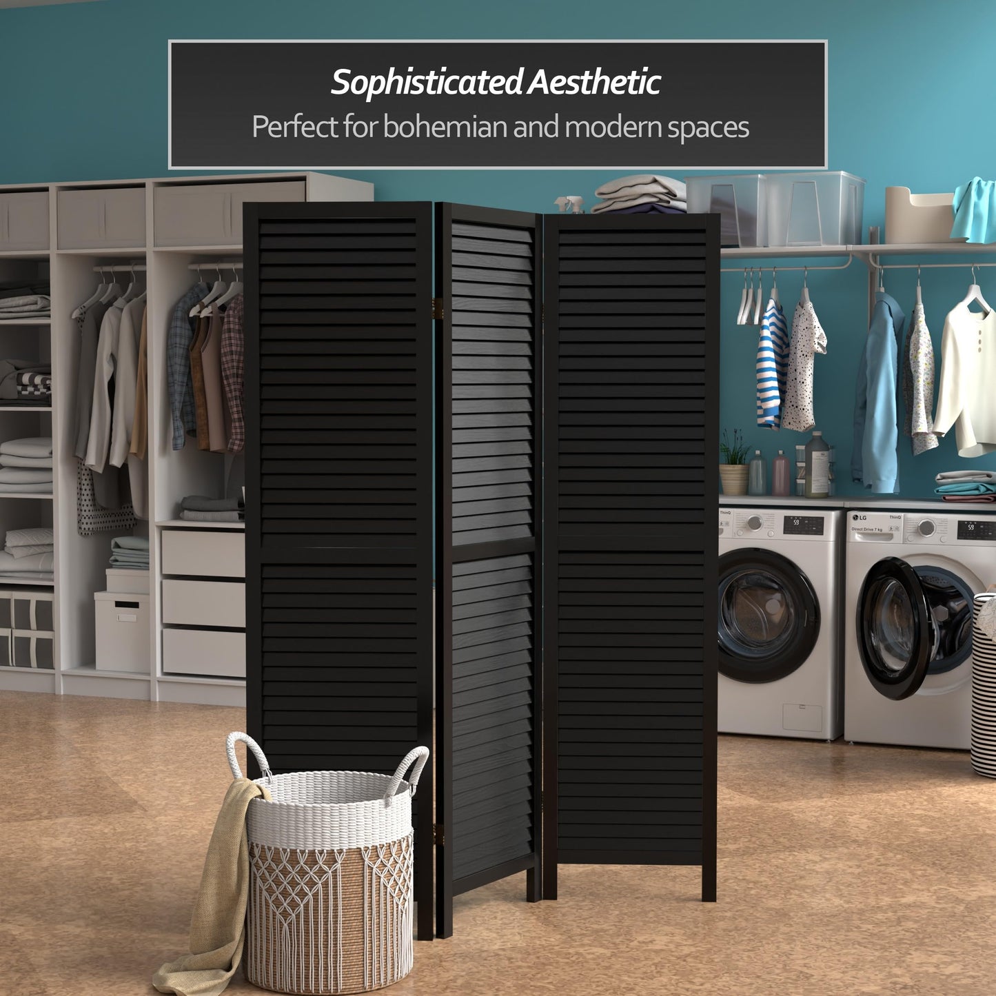 Red Lantern 6 ft. Tall Wooden Louvered Room Divider Black 3 Panel