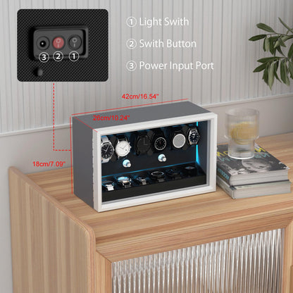 XTELARY Watch Winder for 6 Automatic Watches, Grey Lockable Automatic Winders with Extra 6 Watch Storages, 4 Rotation Modes, Flexible Watch Pillows, Quiet Mabuchi Motor, and Blue Backlight