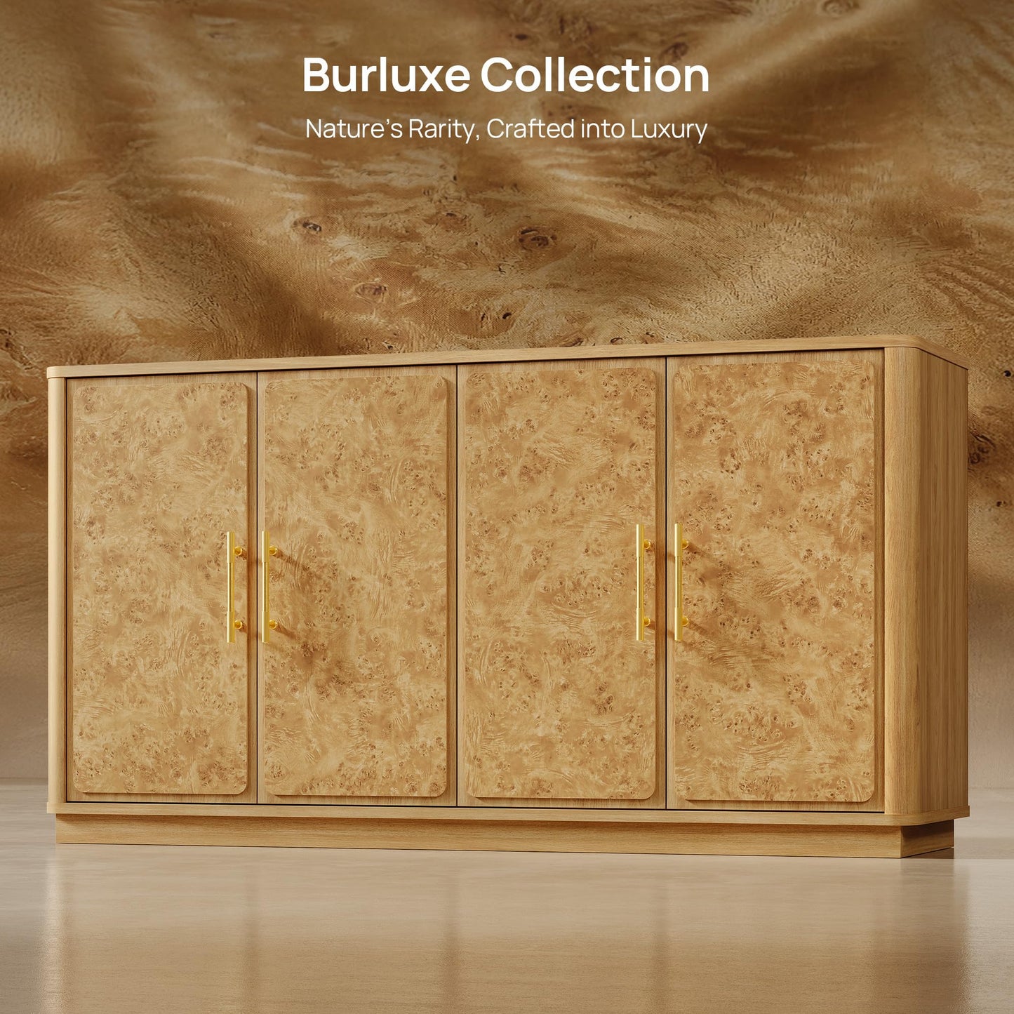 SICOTAS Buffet Cabinet with Storage - Burluxe 59" Sideboard Cabinet with 4 Doors Luxury Burl Storage Cabinet Accent Credenza Large Media Console Table for Living Room Dining Room Entryway Kitchen