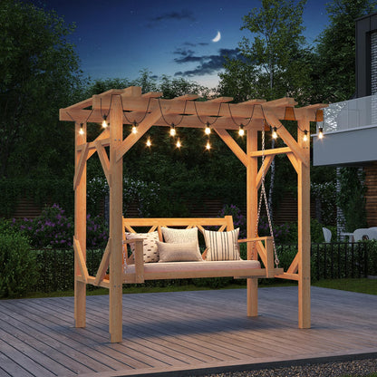 Aoxun Cedar Wood Outdoor Pergola Swing Bench, Porch Swing with Stand, 3-Seat Hammock Patio Swing Set with Canopy，Metal Chains for Backyard, Garden, Natural