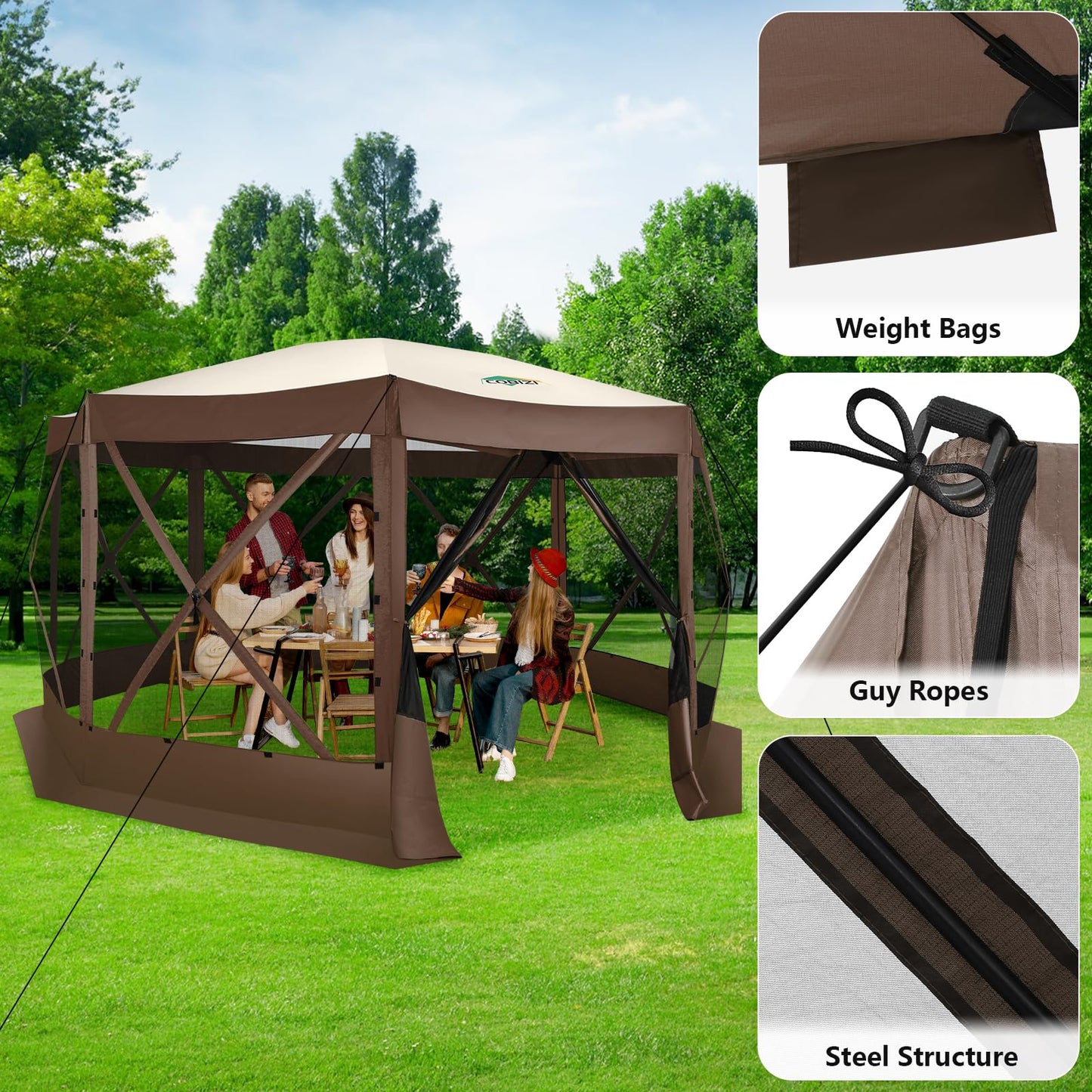 COBIZI 15x15FT Pop Up Gazebo Screen Tent Screen House for Camping, Screen Room with Mosquito Netting, Hub Tent Instant Screened Canopy with Carrying Bag and Ground Stakes, Brown