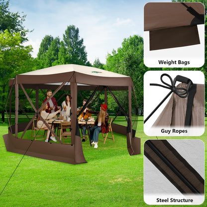 COBIZI 15x15FT Pop Up Gazebo Screen Tent Screen House for Camping, Screen Room with Mosquito Netting, Hub Tent Instant Screened Canopy with Carrying Bag and Ground Stakes, Brown