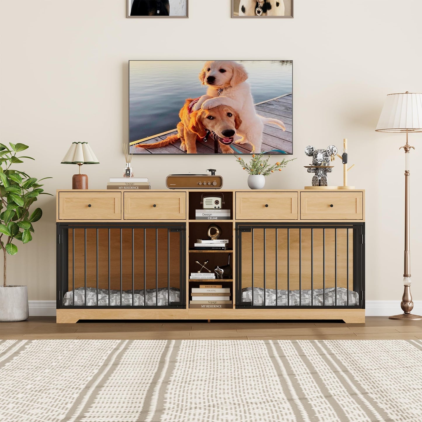 Garvee Double Dog Crate Furniture, 82'' Large Dog Kennel Indoor with 4 Drawers and Shelves, Heavy Duty Wooden Dog Crate TV Stand for 2 Large Medium Dogs, Natural