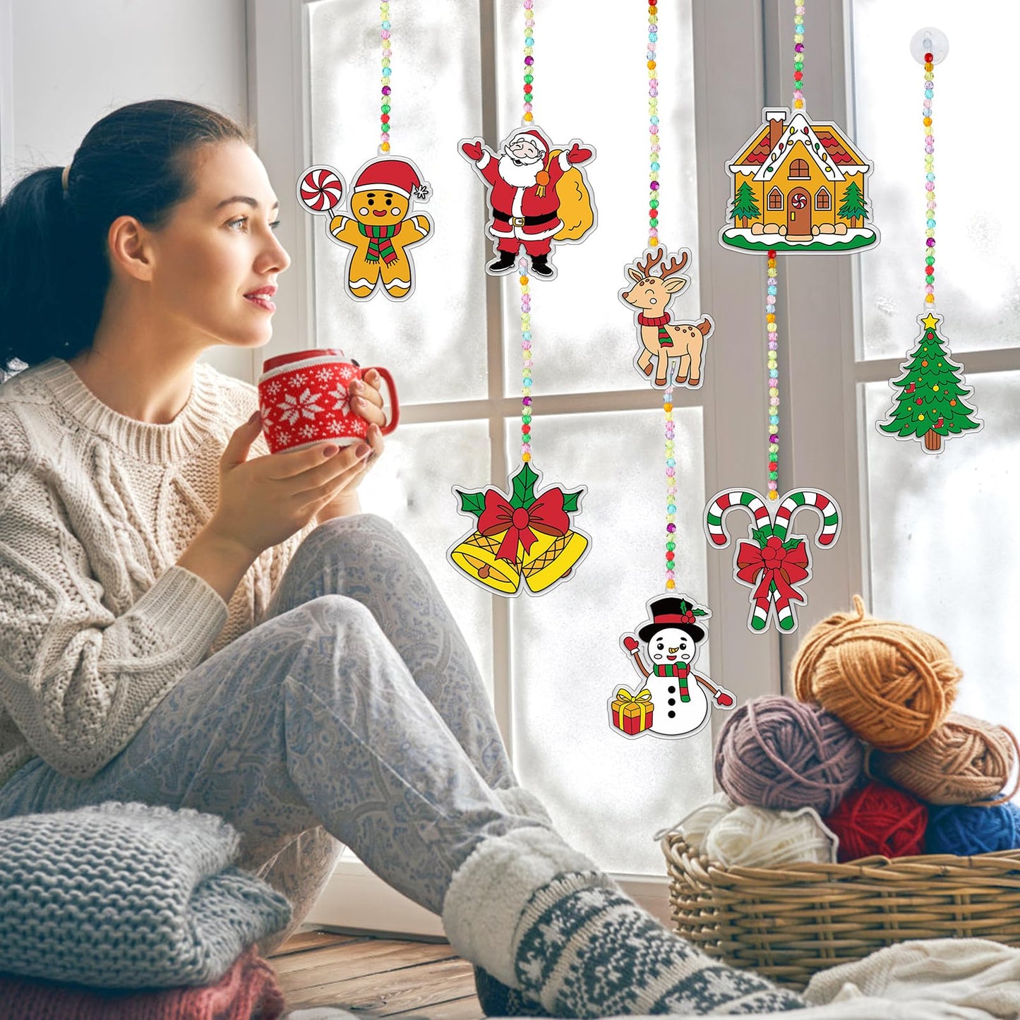 Nlicrst 32 Sets Christmas Suncatchers Ornaments Decorations DIY Window Paint Art Christmas Craft Kits DIY Santa Snowman Sun Catchers for Xmas Activities Art Project