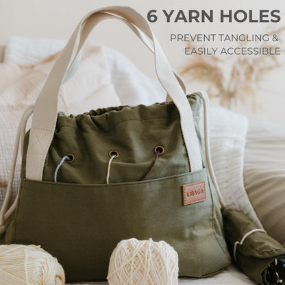 Stylish Crochet Bag Organizer Easily Organizes Your Yarn - Durable Canvas Bag w/ 8 Pockets Stores Plenty of Yarn Skeins & Crocheting Supplies/Accessories - Perfect Basket for Gifting to Knitting Fans