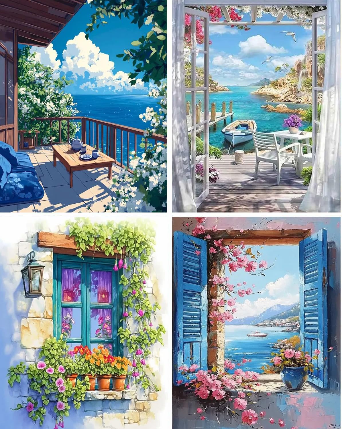 Euibziy 4 Pack Diamond Painting Kits for Adults Beginners,Seaside Window Flower Full Round Drill DIY Diamond Art Kits,Paint by Diamonds Dot Gem Art Crystal Easy,Home Wall Decor Casual style12x16Inch