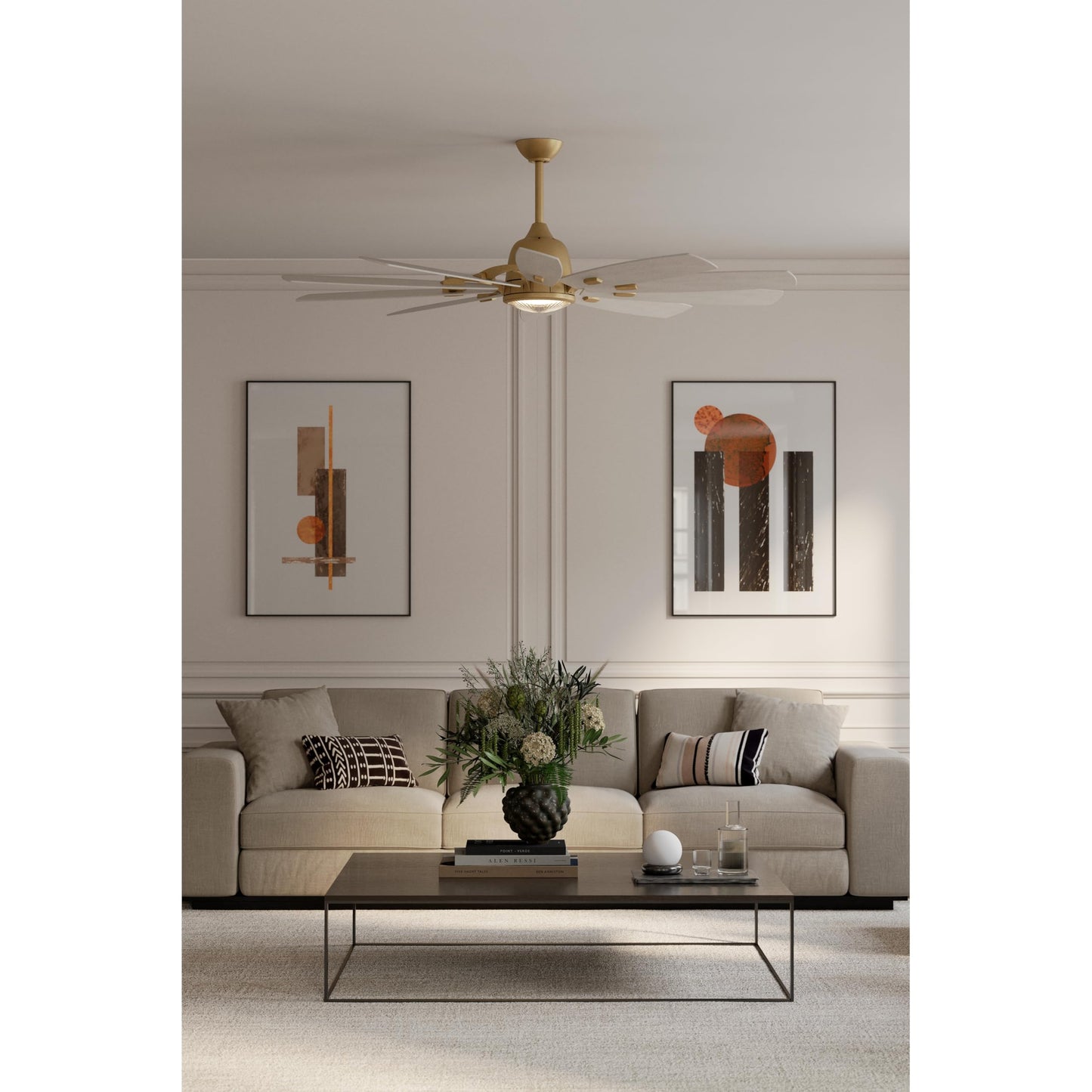 MINKA-AIRE Barn 65" 10-Blade 5CCT LED Smart Ceiling Fan - Legacy Brass and Bleached Wood Blades with Clear Glass